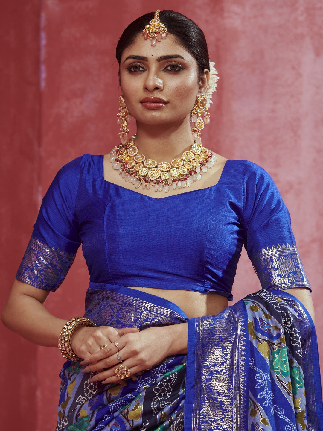 Leheriya &amp; Bandhej Printed Zari Border Silk Saree