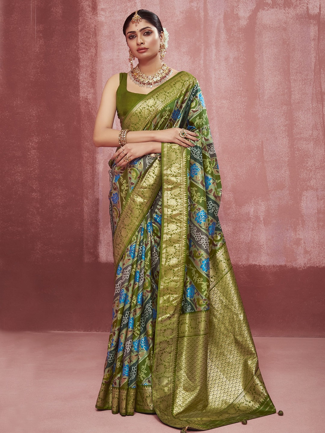 Leheriya &amp; Bandhej Printed Zari Border Silk Saree