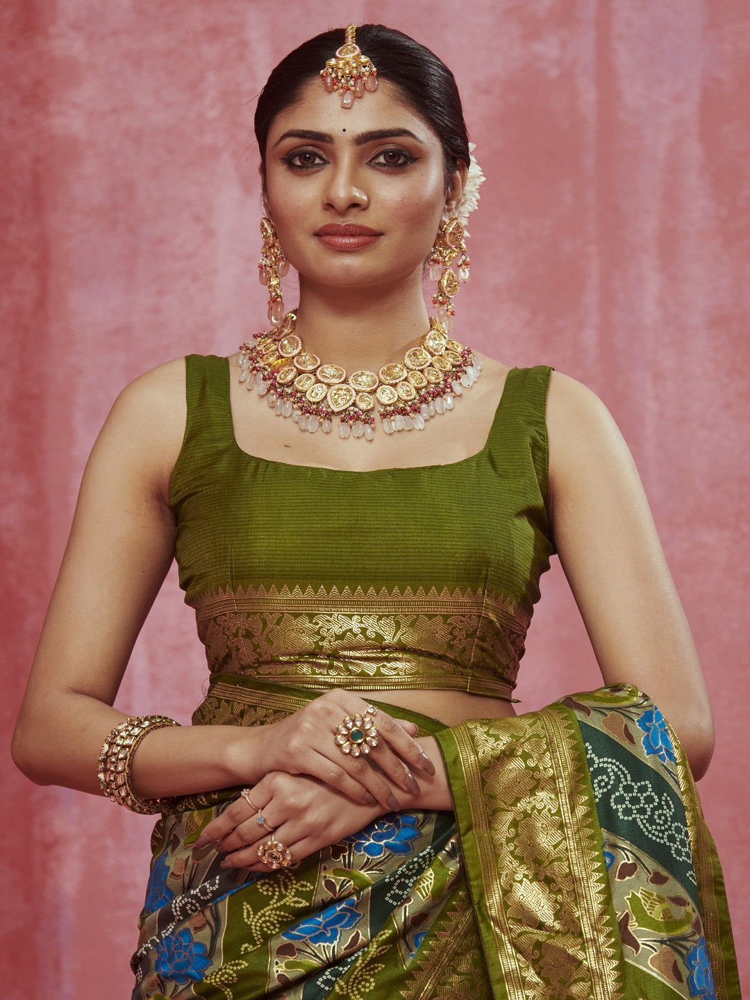 Leheriya &amp; Bandhej Printed Zari Border Silk Saree