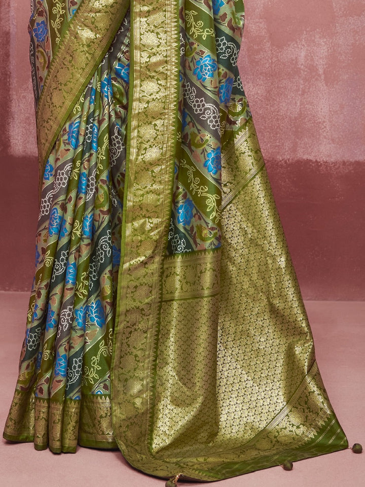 Leheriya &amp; Bandhej Printed Zari Border Silk Saree