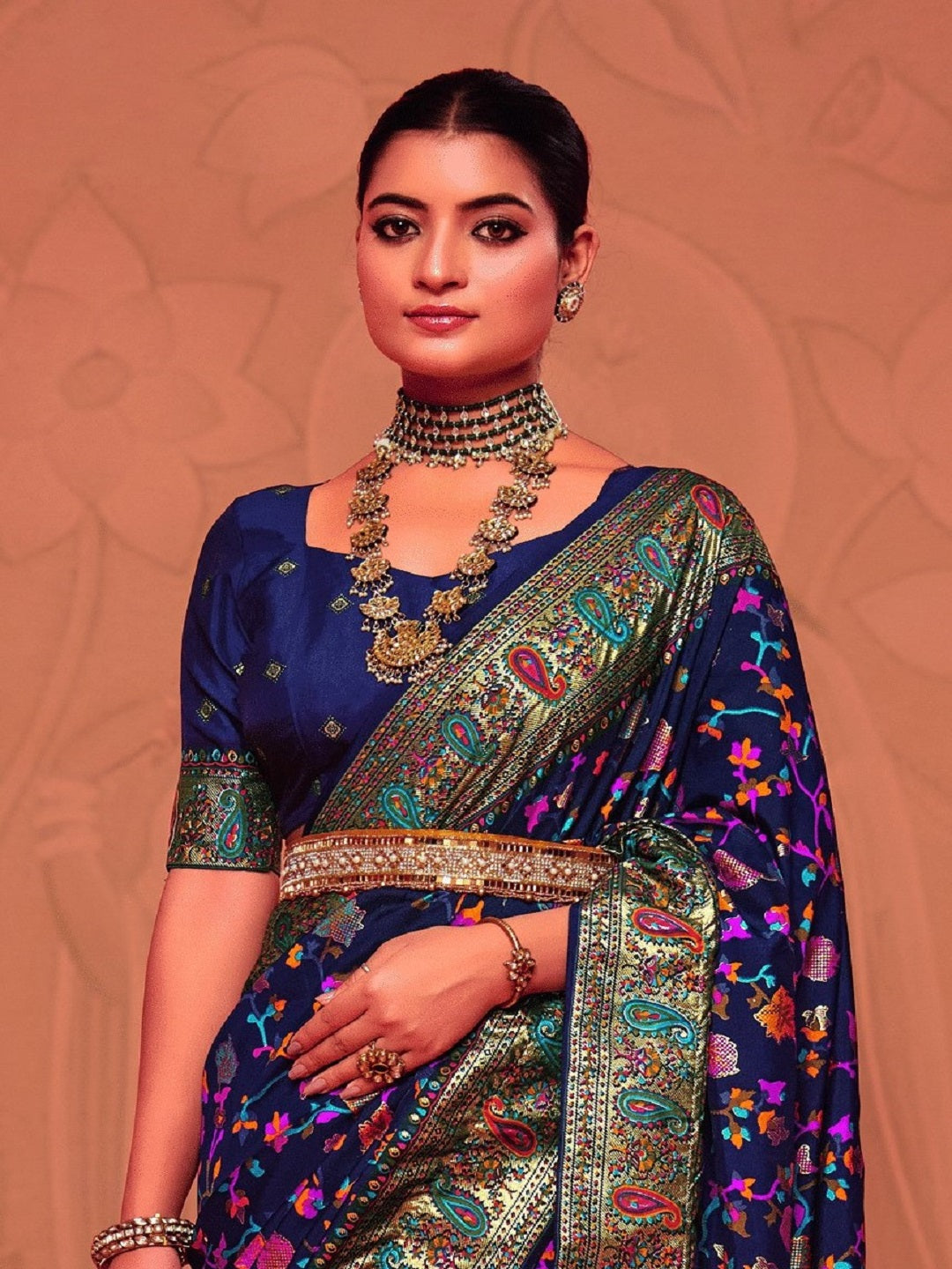 Blue Kalamkari Printed Zari Border Silk Saree (Pre-Order)