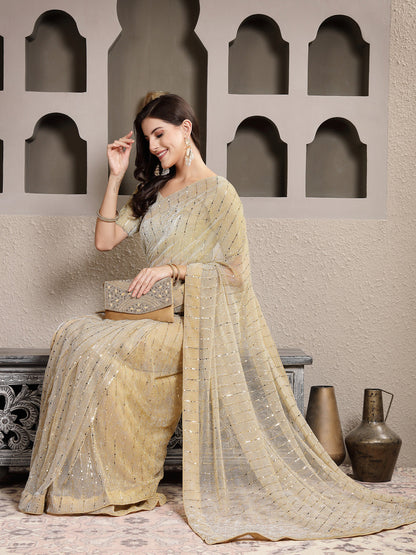 Golden Party Wear Fancy Lycra Shimmer Saree