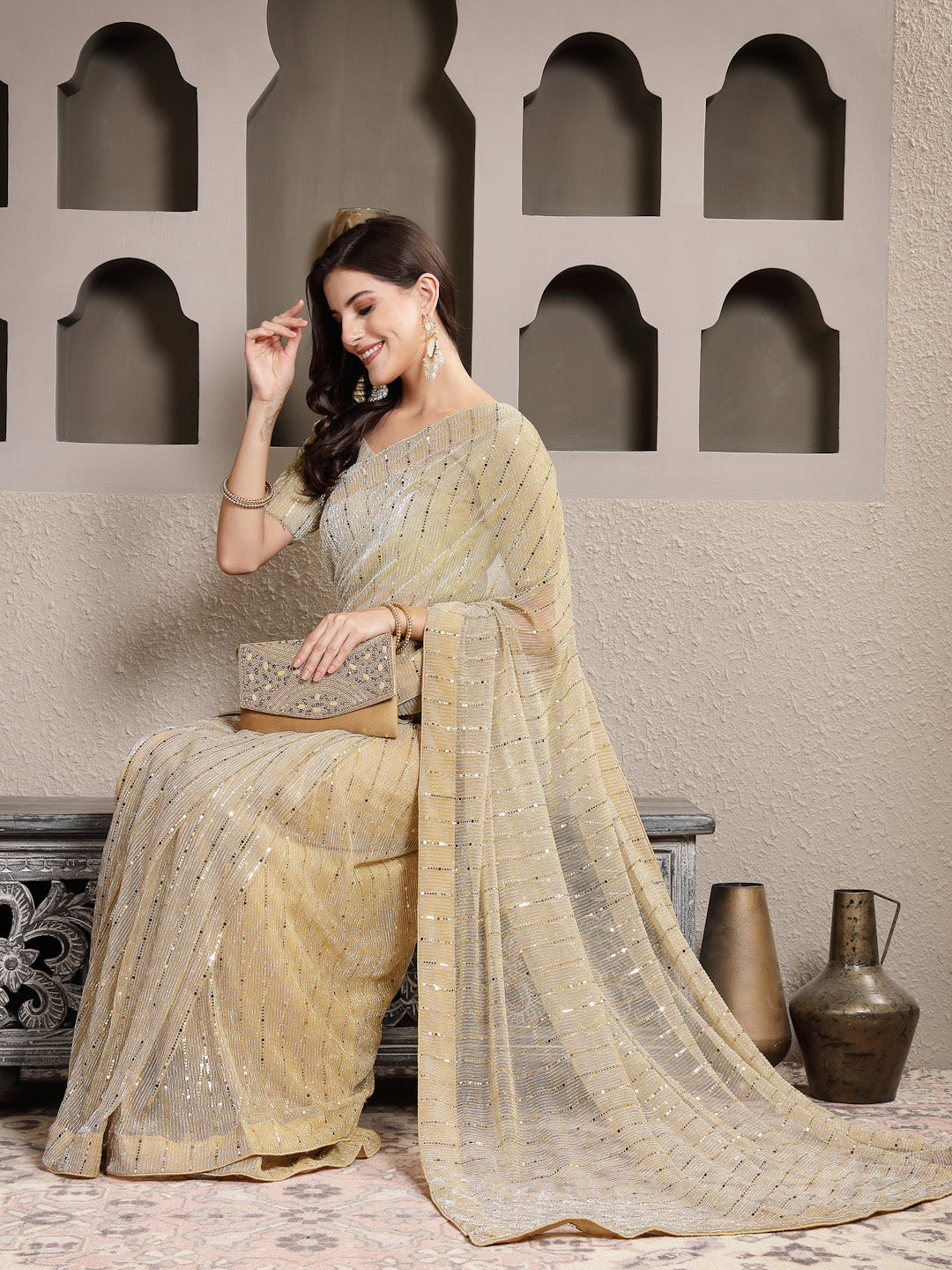 Golden Party Wear Fancy Lycra Shimmer Saree (Pre-Order)