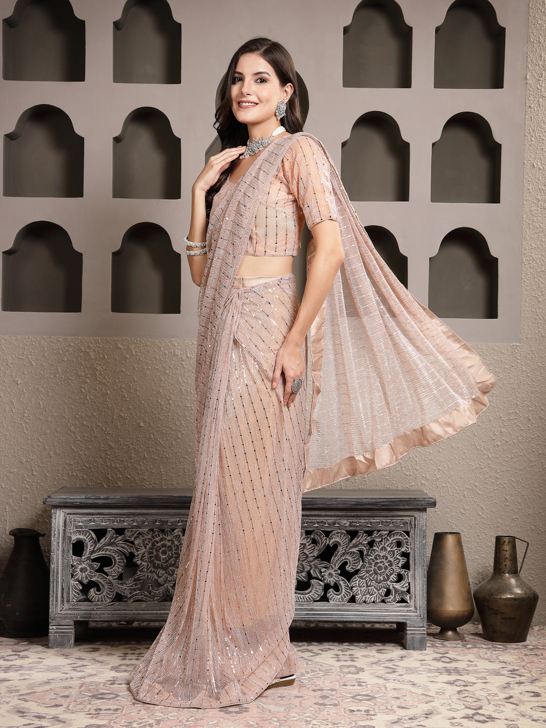 Peach Party Wear Fancy Lycra Shimmer Ready To Wear Saree