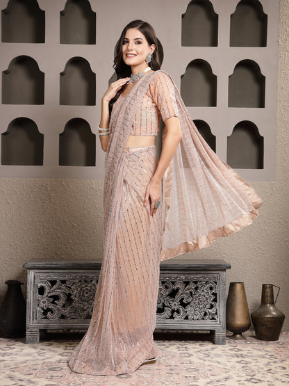 Peach Party Wear Fancy Lycra Shimmer Ready To Wear Saree (Pre-Order)