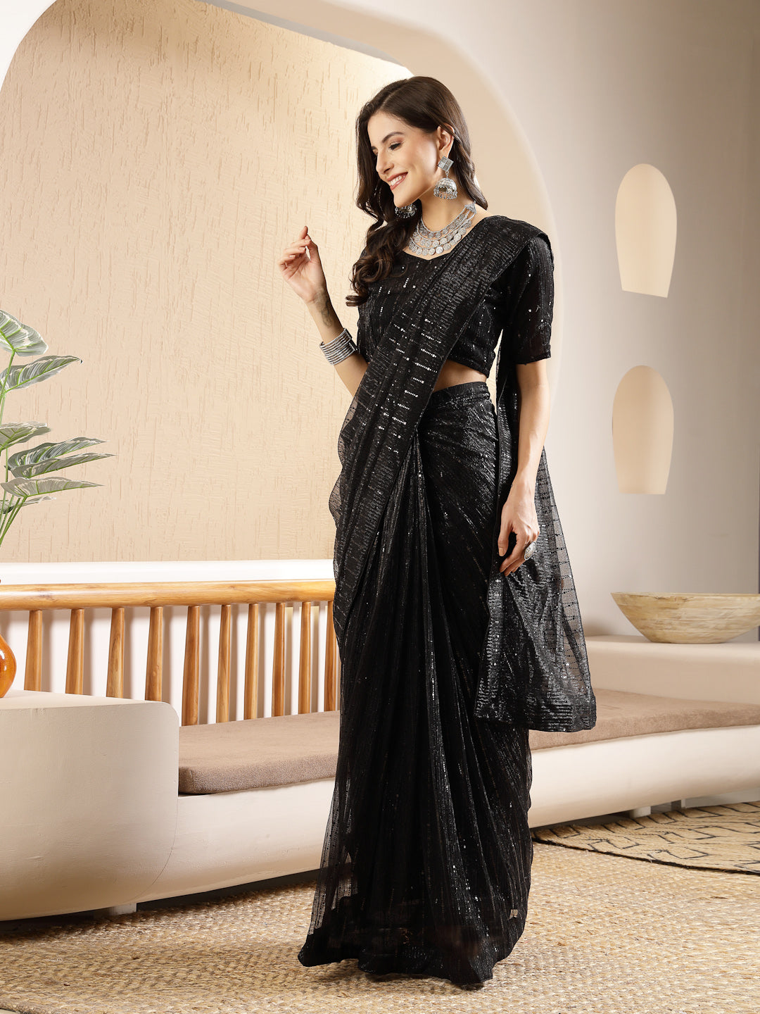 Black Party Wear Fancy Lycra Shimmer Ready To Wear Saree (Pre-Order)