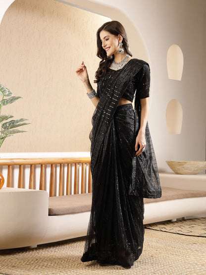 Black Party Wear Fancy Lycra Shimmer Ready To Wear Saree (Pre-Order)