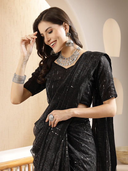 Black Party Wear Fancy Lycra Shimmer Ready To Wear Saree