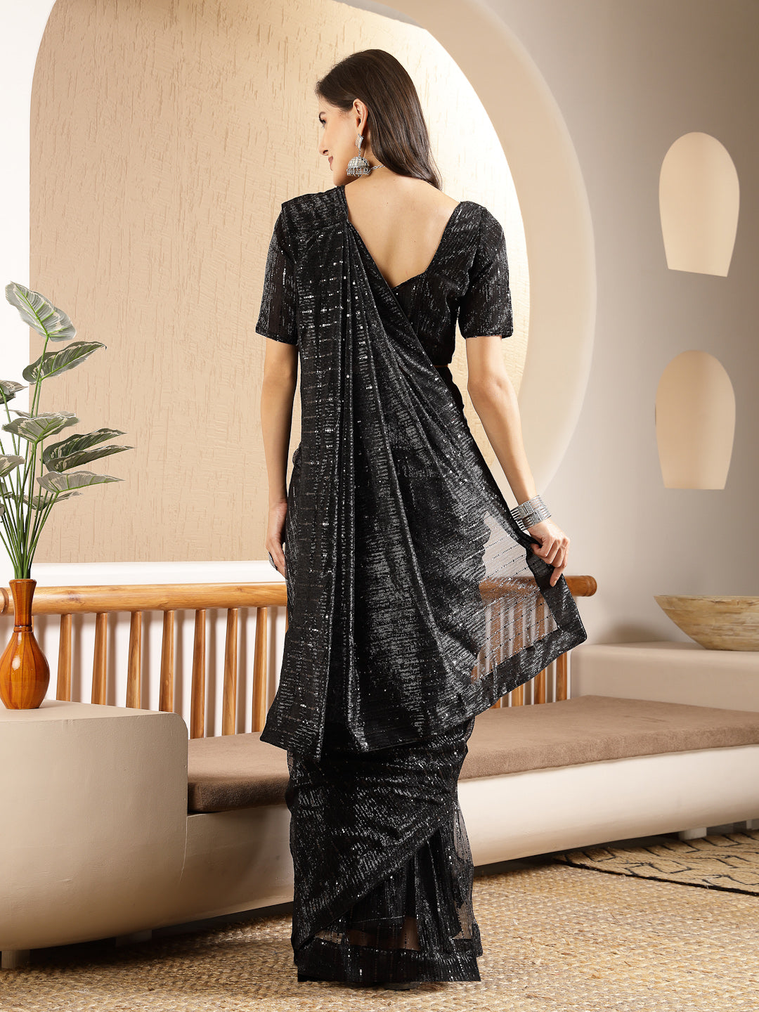 Black Party Wear Fancy Lycra Shimmer Ready To Wear Saree