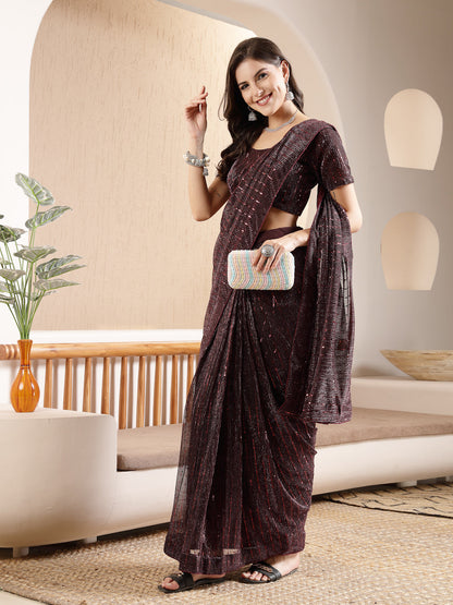 Wine Party Wear Fancy Lycra Shimmer Ready To Wear Saree