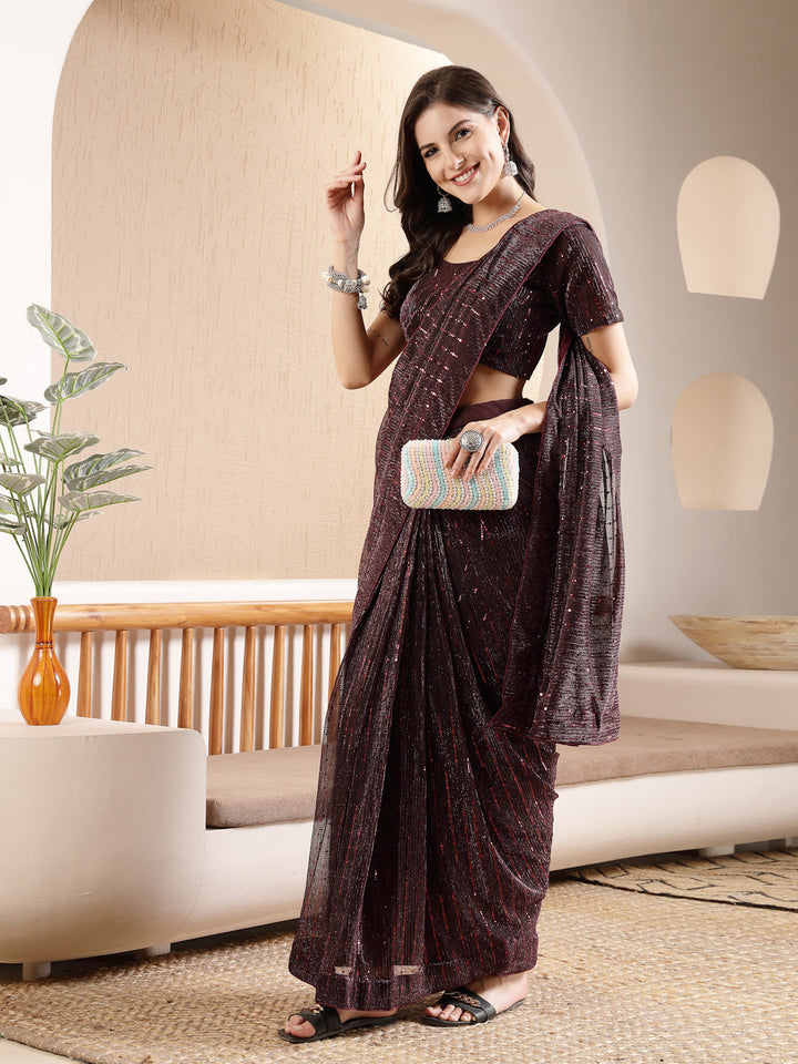 Wine Party Wear Fancy Lycra Shimmer Ready To Wear Saree