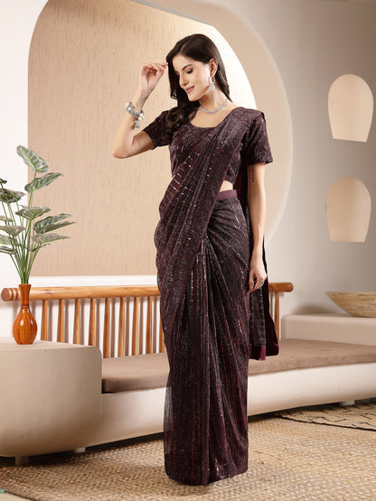 Wine Party Wear Fancy Lycra Shimmer Ready To Wear Saree