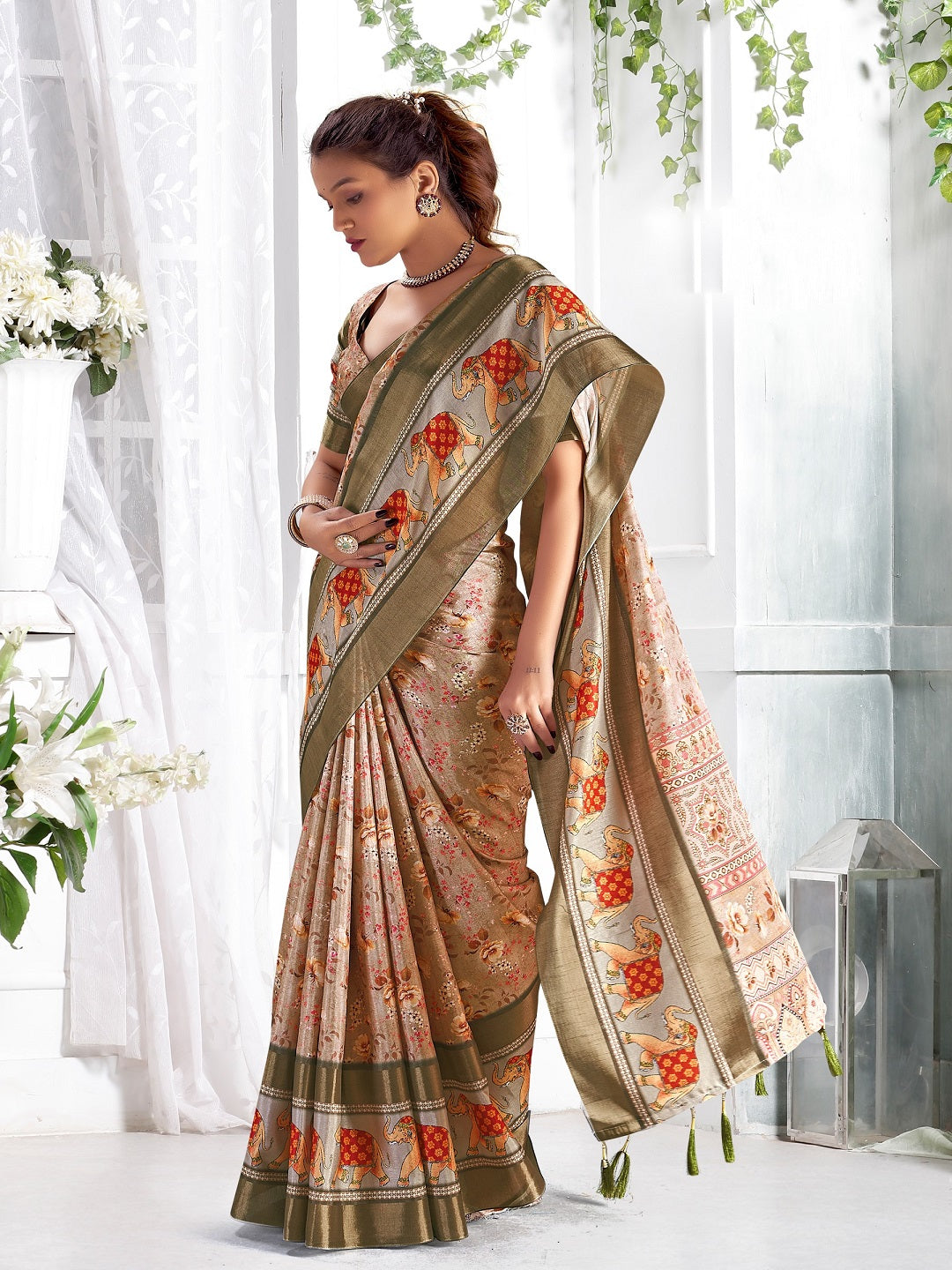 Beige Floral Printed Giza Silk Bantac Digital Border Saree (Pre-Order)