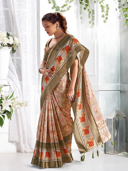 Beige Floral Printed Giza Silk Bantac Digital Border Saree (Pre-Order)