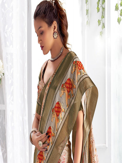 Beige Floral Printed Giza Silk Bantac Digital Border Saree (Pre-Order)