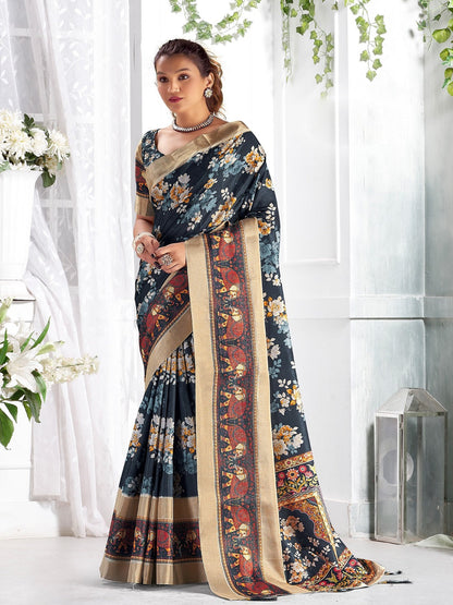 Navy Floral Printed Giza Silk Bantac Digital Border Saree