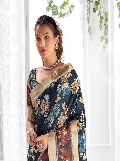 Navy Floral Printed Giza Silk Bantac Digital Border Saree