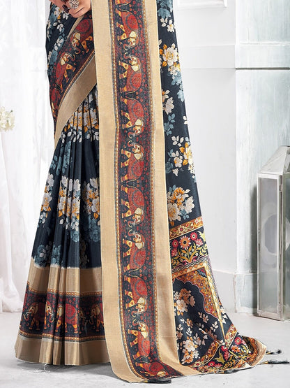 Navy Floral Printed Giza Silk Bantac Digital Border Saree (Pre-Order)