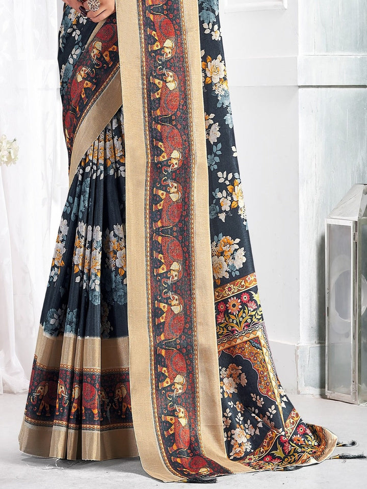 Navy Floral Printed Giza Silk Bantac Digital Border Saree