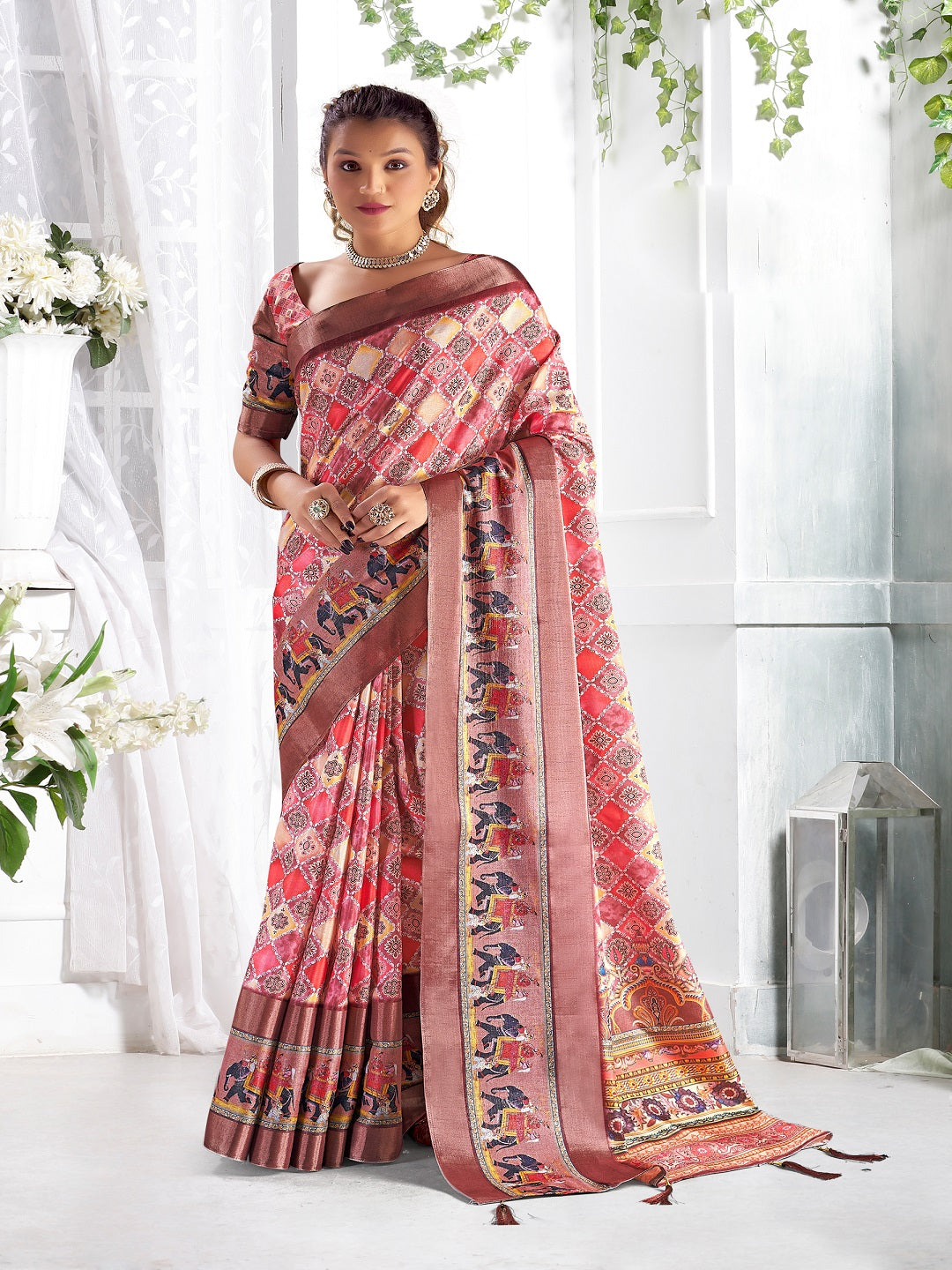 Peach Floral Printed Giza Silk Bantac Digital Border Saree (Pre-Order)