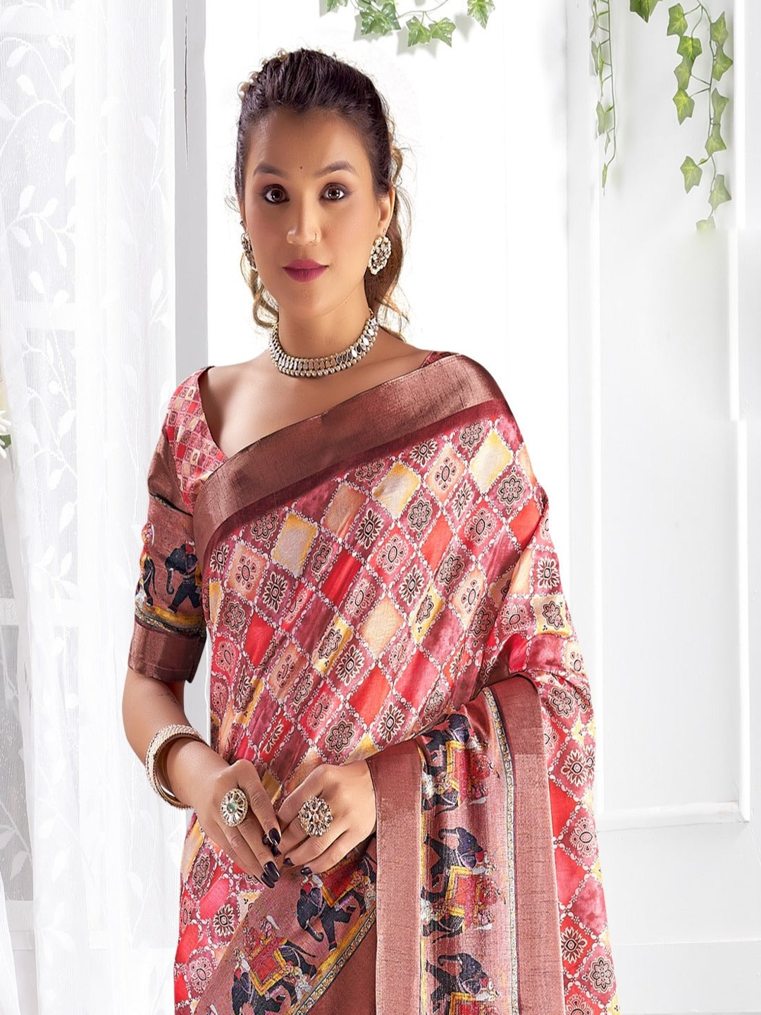 Peach Floral Printed Giza Silk Bantac Digital Border Saree (Pre-Order)