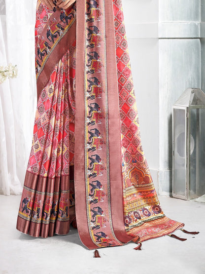 Peach Floral Printed Giza Silk Bantac Digital Border Saree (Pre-Order)