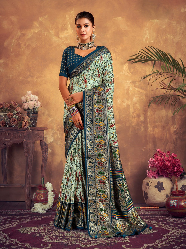 Blue Paisley Printed Zari Border Dola Silk Saree