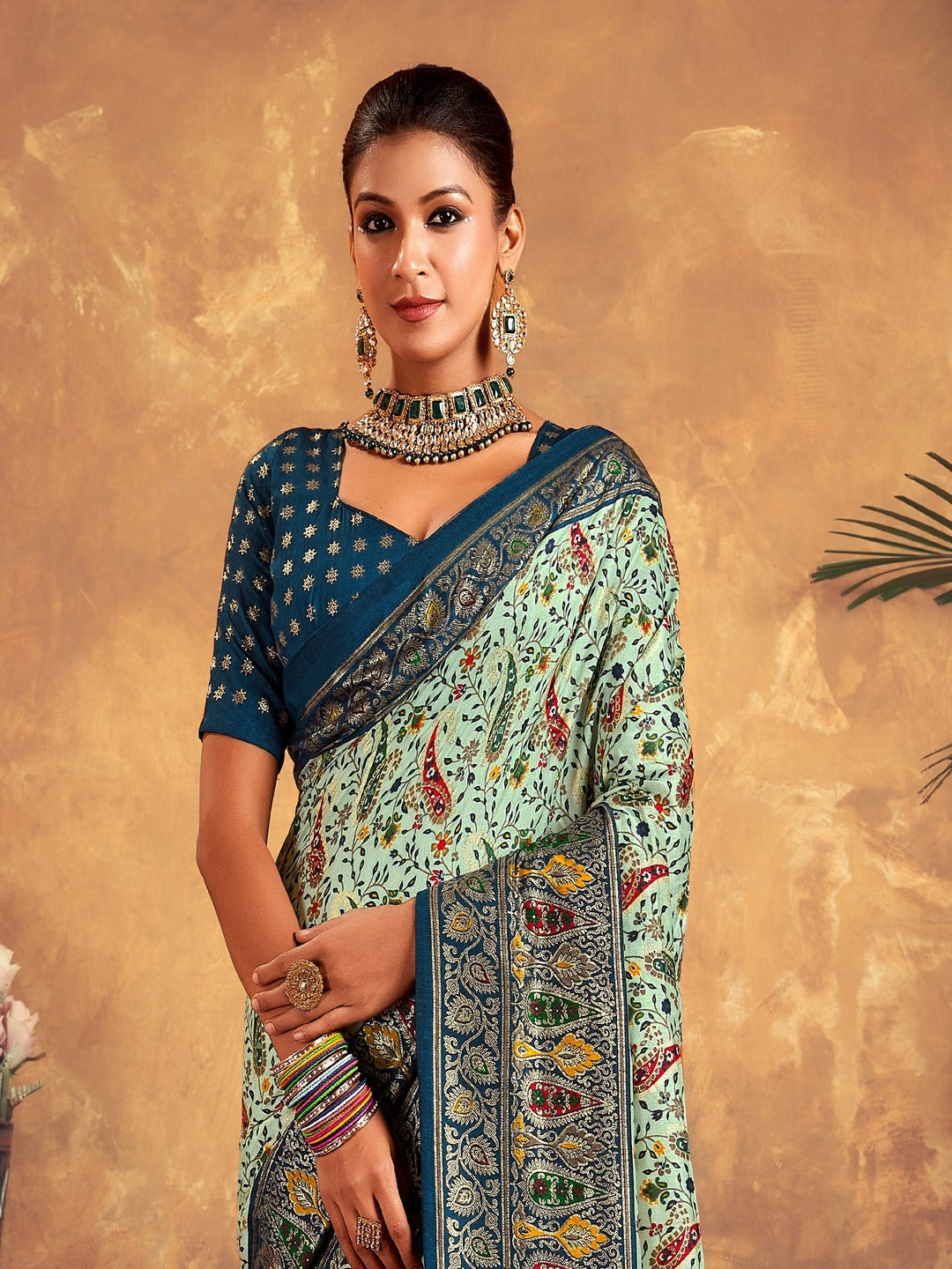 Blue Paisley Printed Zari Border Dola Silk Saree