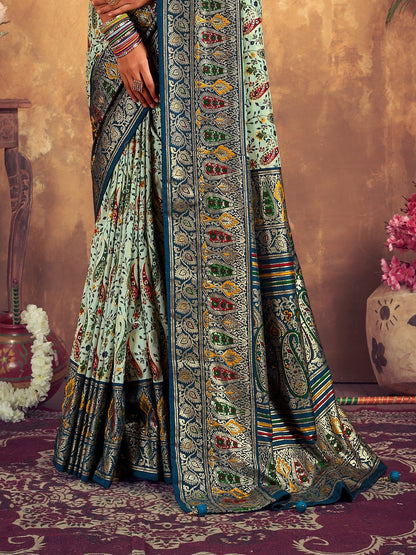 Blue Paisley Printed Zari Border Dola Silk Saree