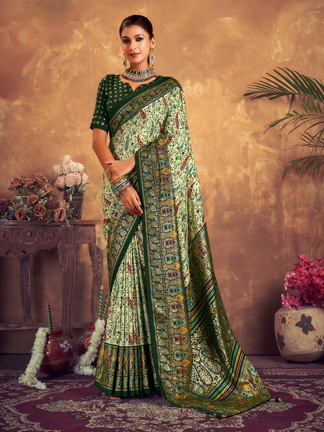 Green Paisley Printed Zari Border Dola Silk Saree