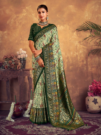 Green Paisley Printed Zari Border Dola Silk Saree