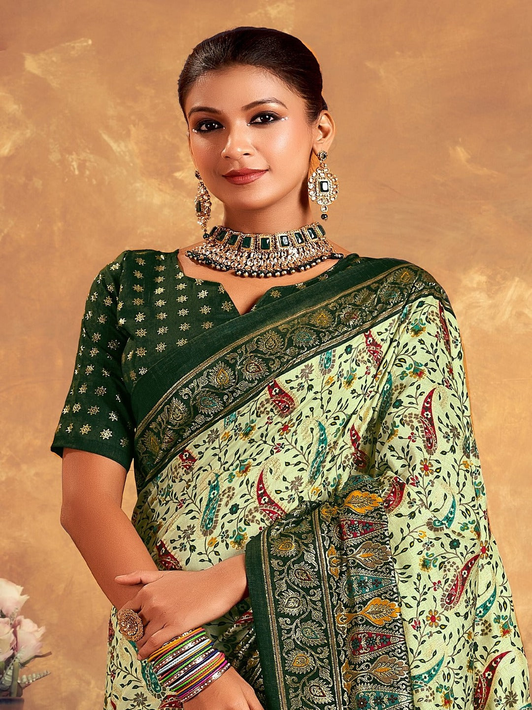 Green Paisley Printed Zari Border Dola Silk Saree