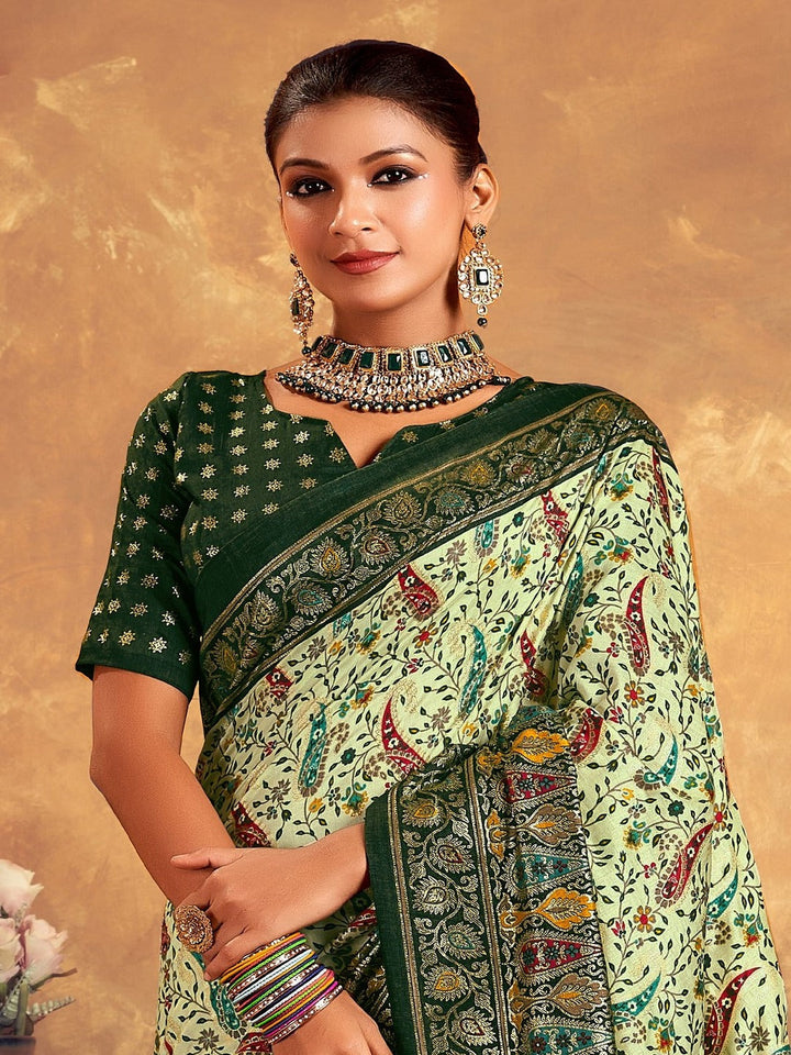 Green Paisley Printed Zari Border Dola Silk Saree