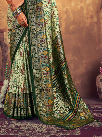 Green Paisley Printed Zari Border Dola Silk Saree