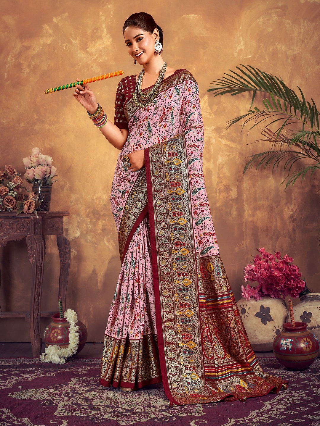 Maroon Paisley Printed Zari Border Dola Silk Saree