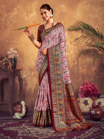 Maroon Paisley Printed Zari Border Dola Silk Saree (Pre-Order)