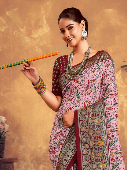 Maroon Paisley Printed Zari Border Dola Silk Saree (Pre-Order)
