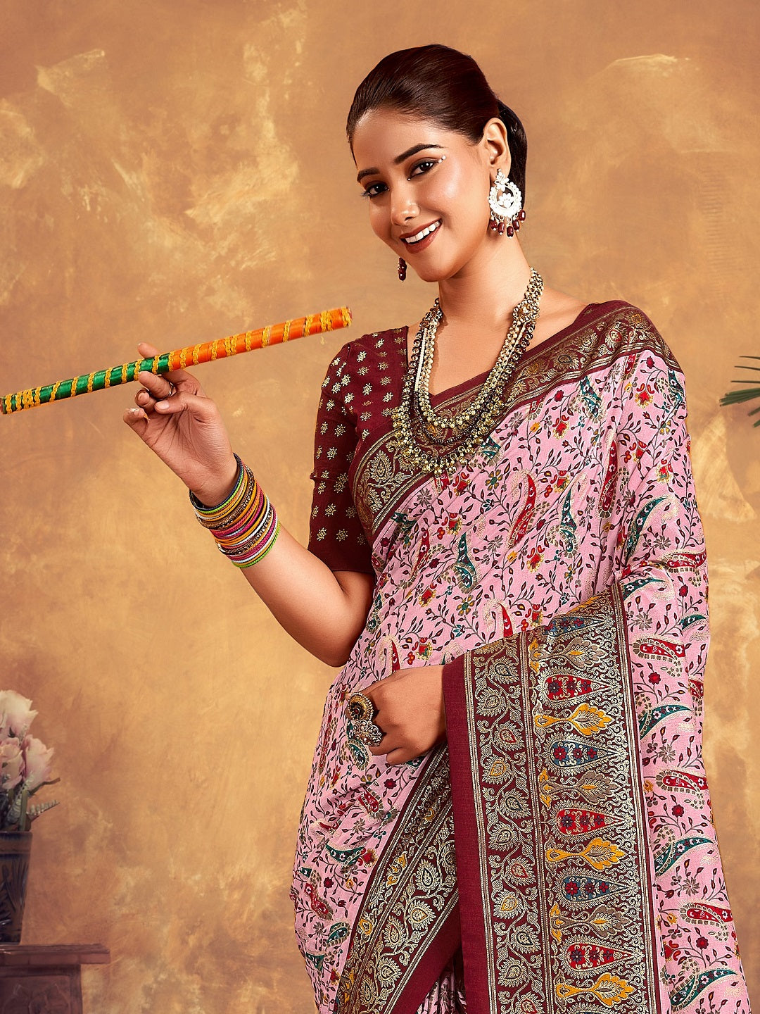 Maroon Paisley Printed Zari Border Dola Silk Saree