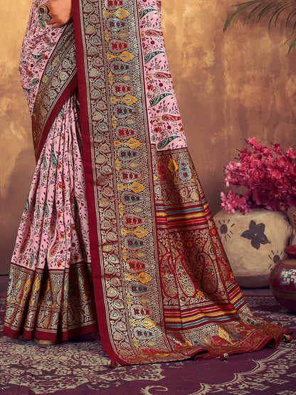 Maroon Paisley Printed Zari Border Dola Silk Saree (Pre-Order)