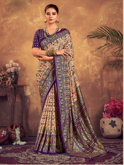 Purple Paisley Printed Zari Border Dola Silk Saree (Pre-Order)