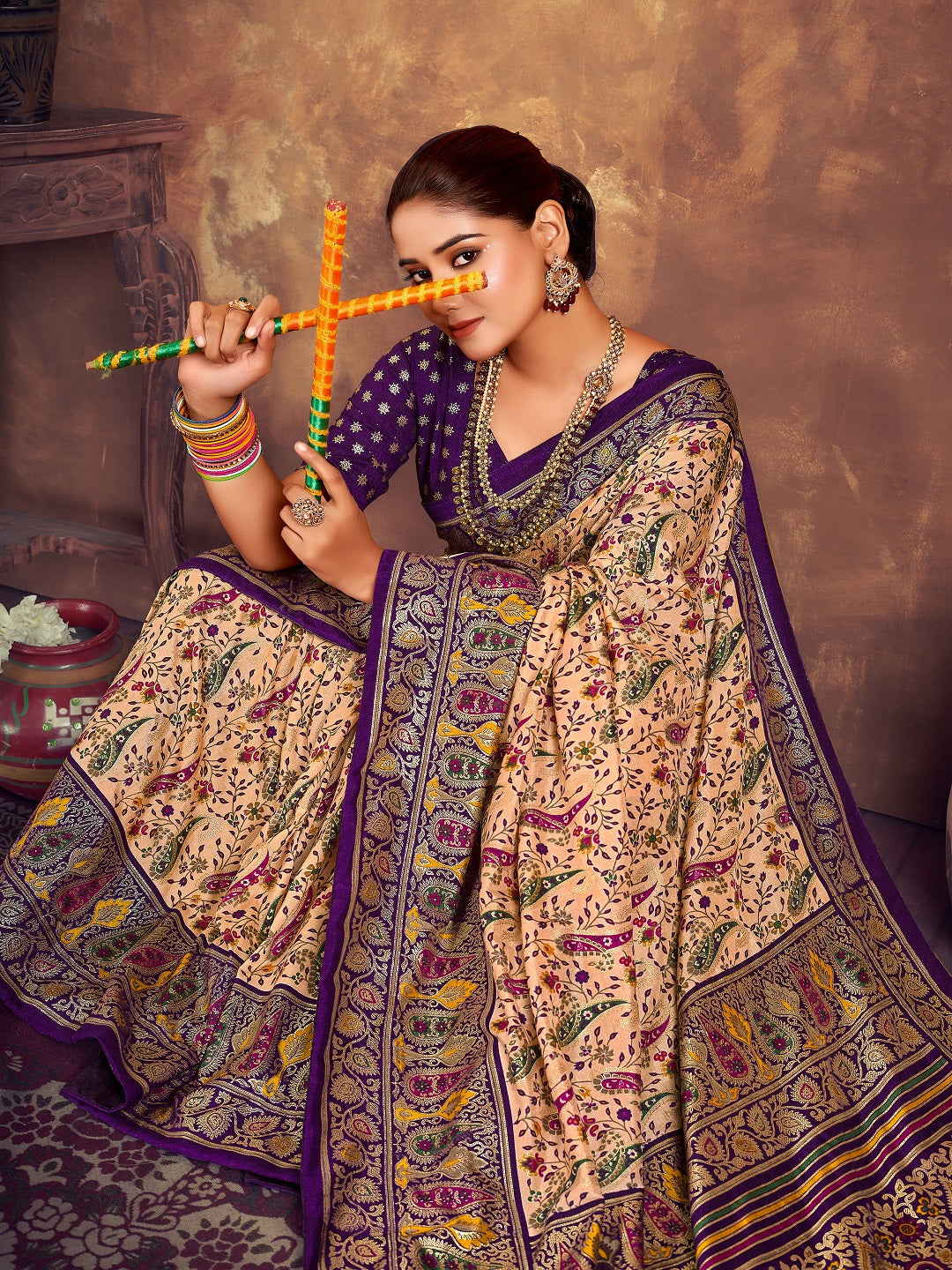 Purple Paisley Printed Zari Border Dola Silk Saree