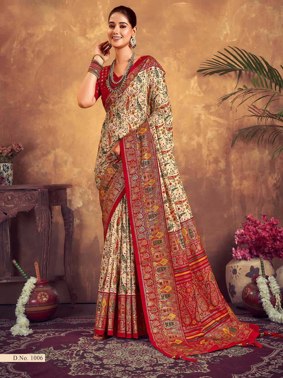 Red Paisley Printed Zari Border Dola Silk Saree