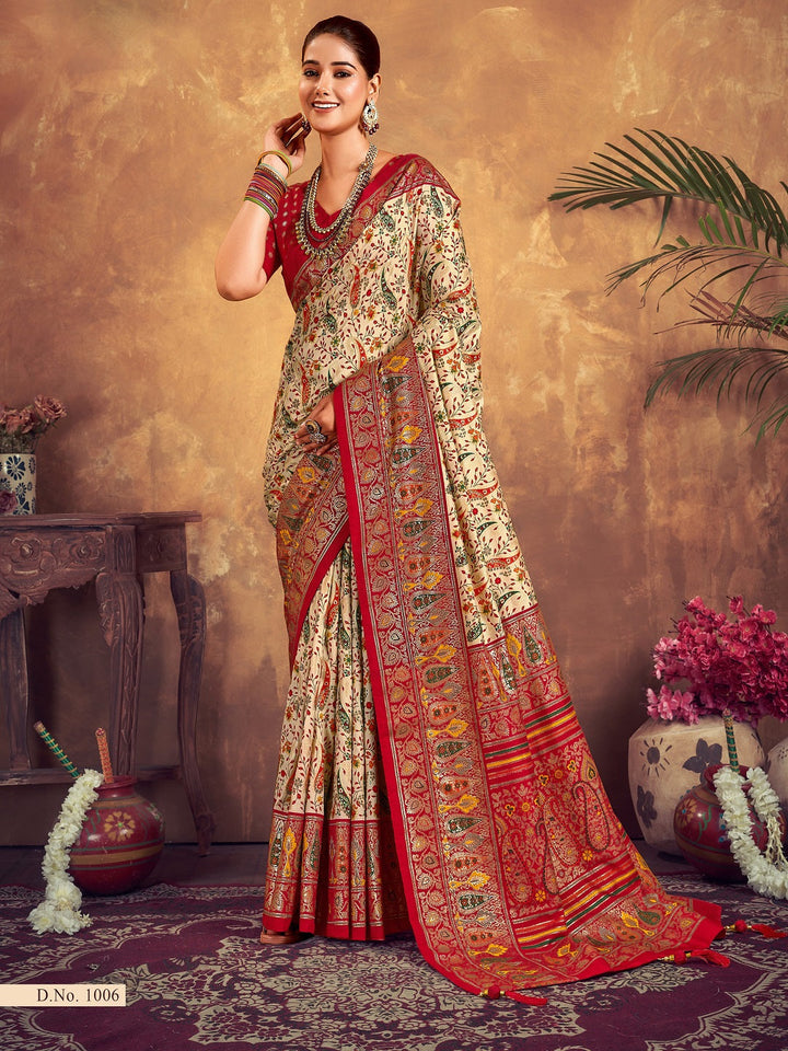 Red Paisley Printed Zari Border Dola Silk Saree