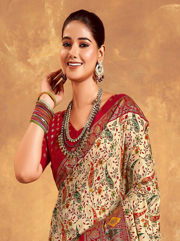 Red Paisley Printed Zari Border Dola Silk Saree
