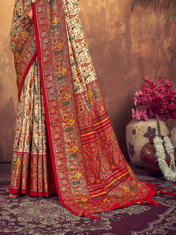 Red Paisley Printed Zari Border Dola Silk Saree