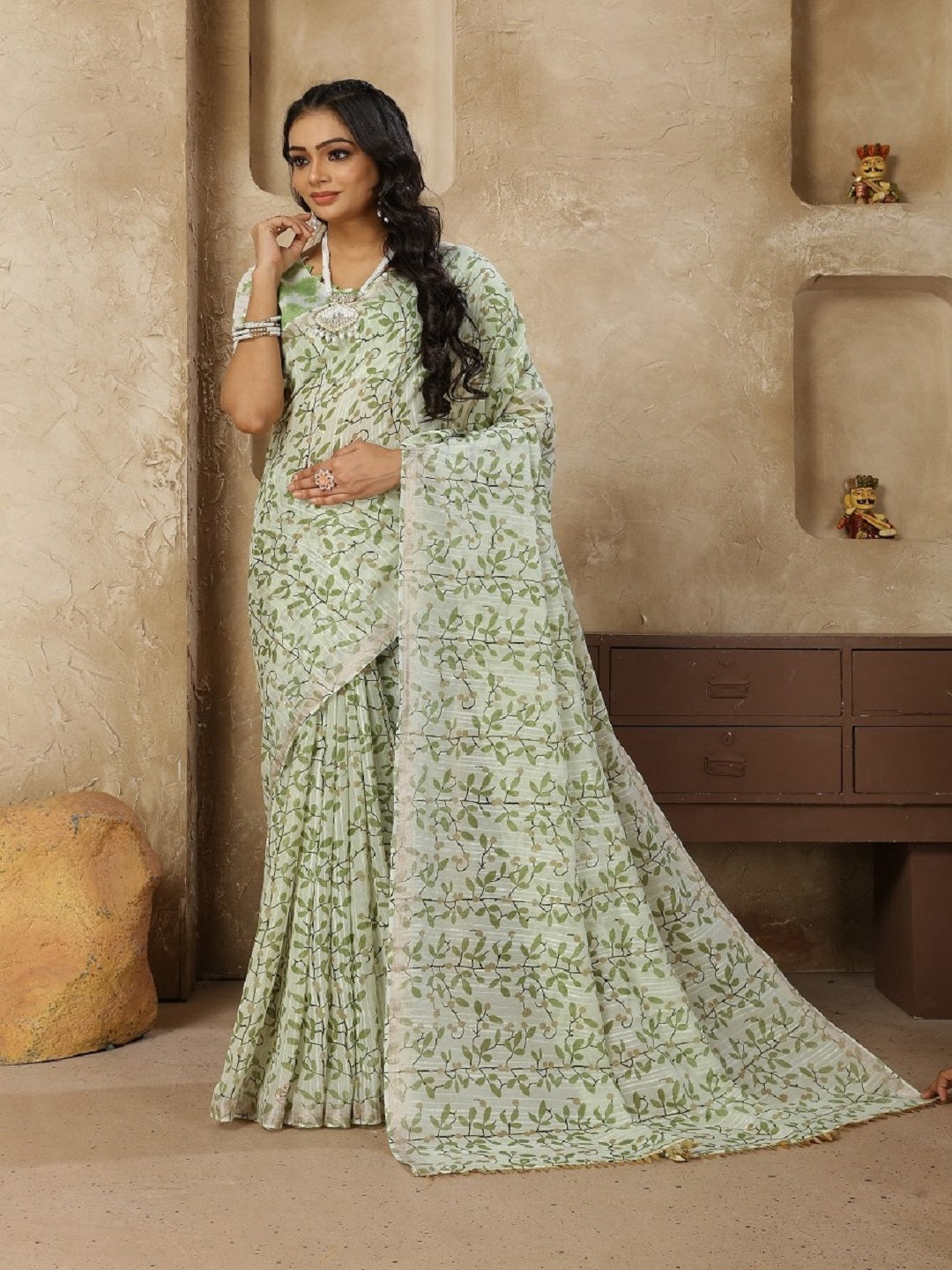 Pastel Green Printed Zari Border Linen Saree With Fancy Blouse (Pre-Order)