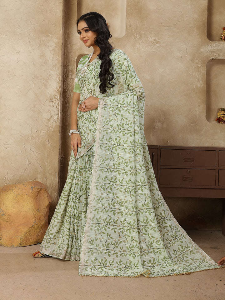 Pastel Green Printed Zari Border Linen Saree With Fancy Blouse