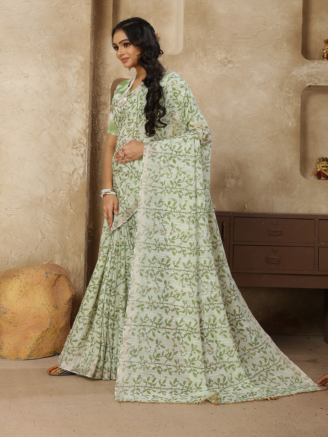 Pastel Green Printed Zari Border Linen Saree With Fancy Blouse (Pre-Order)