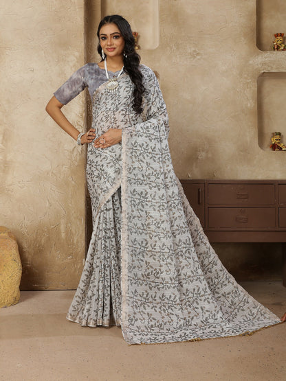 Pastel Grey Printed Zari Border Linen Saree With Fancy Blouse