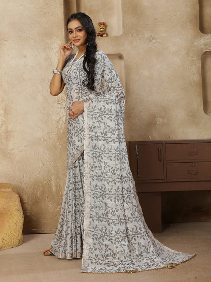Pastel Grey Printed Zari Border Linen Saree With Fancy Blouse